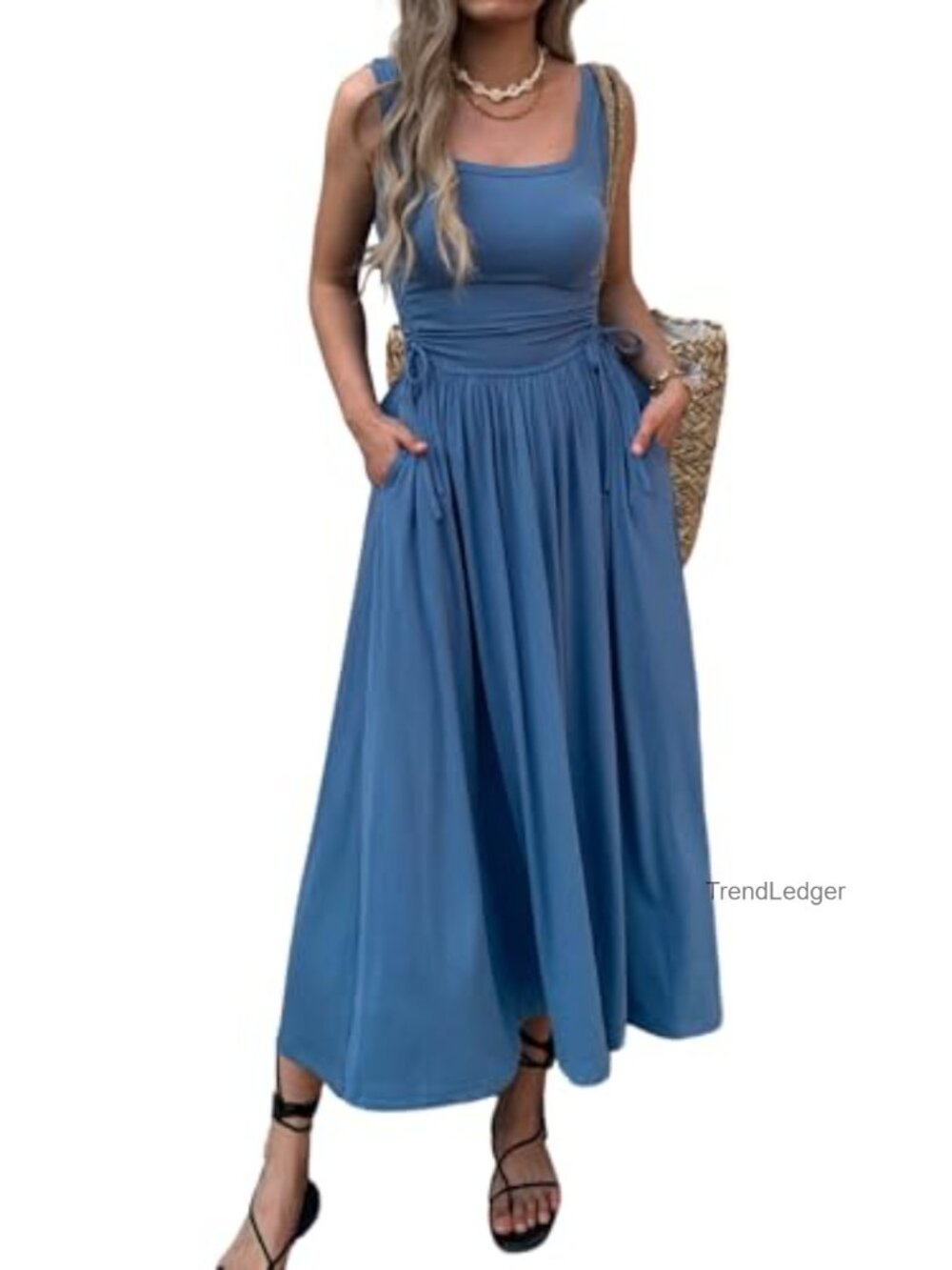 Boho Summer Maxi Dress with Pockets, Adjustable Waist, Ruched Sundress